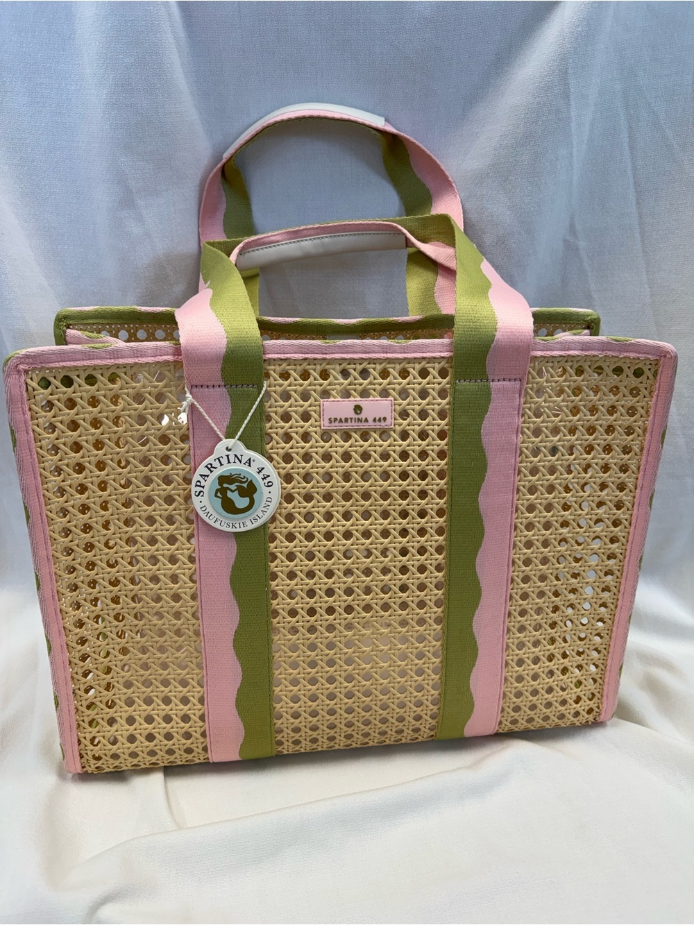 Spartina 449 Pink and Olive Woven Rattan Tote